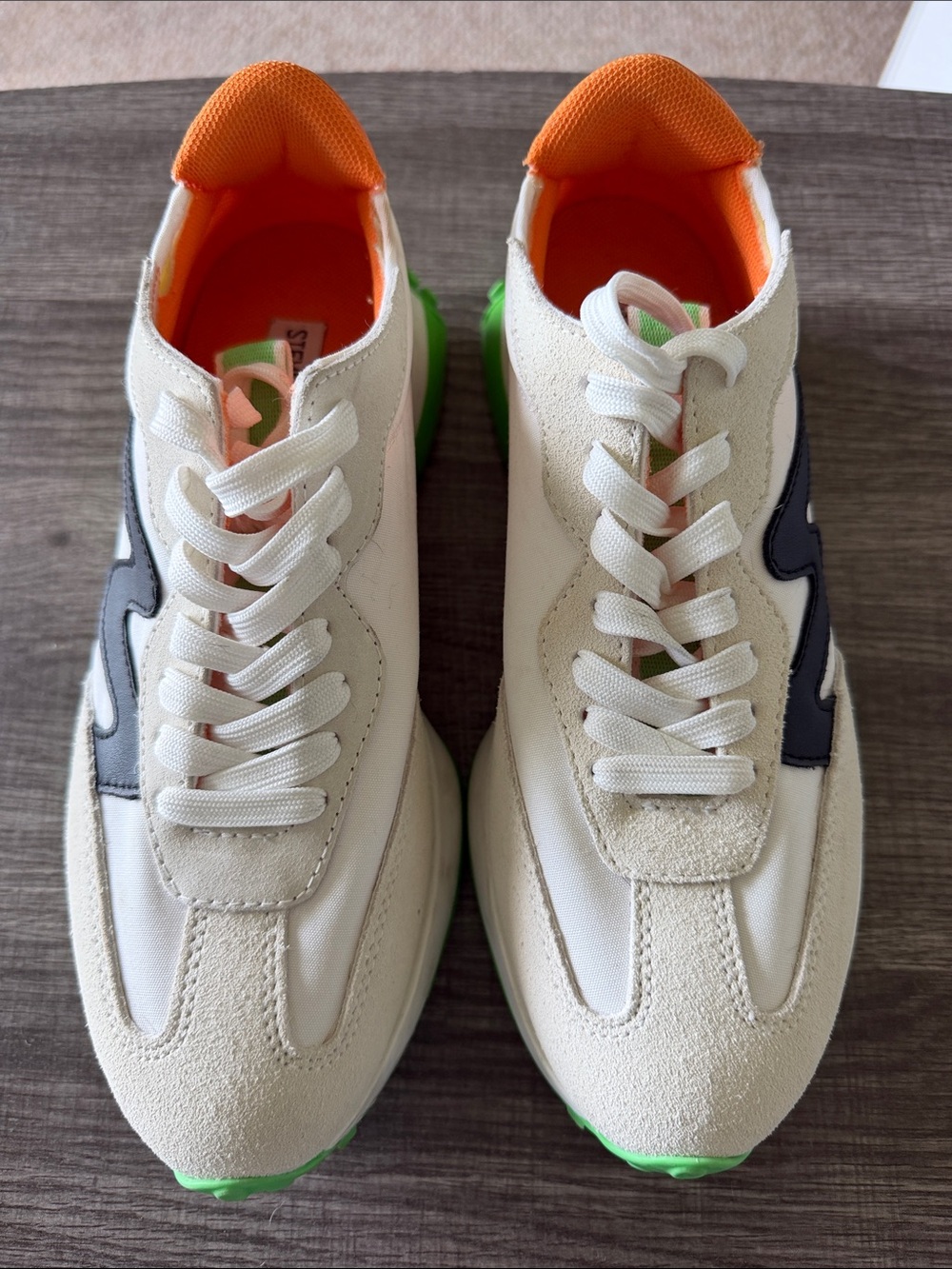 Steve Madden Cream Sneakers with Orange Lining and Green Sole
